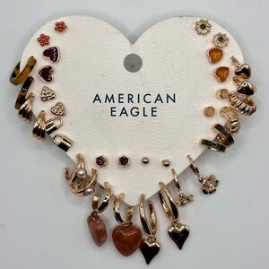 NEW American Eagle Set of 18 Gold Tone Earrings - Studs Hoops Hearts Floral NWT